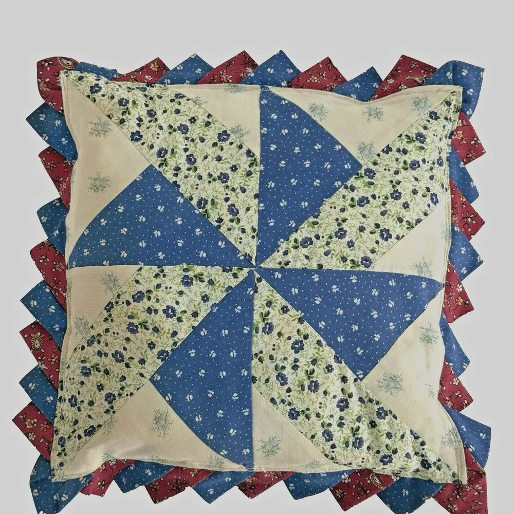 VTG Handmade Pillow Patchwork Quilt Pinwheel Pattern Red Blue Calico 13